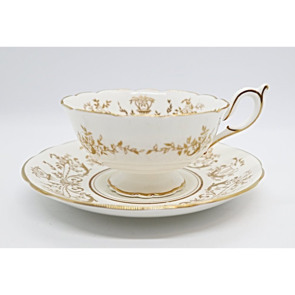Vintage Coalport Teacup and Saucer Golden Gold Gilt Lire Instrument Design Tea